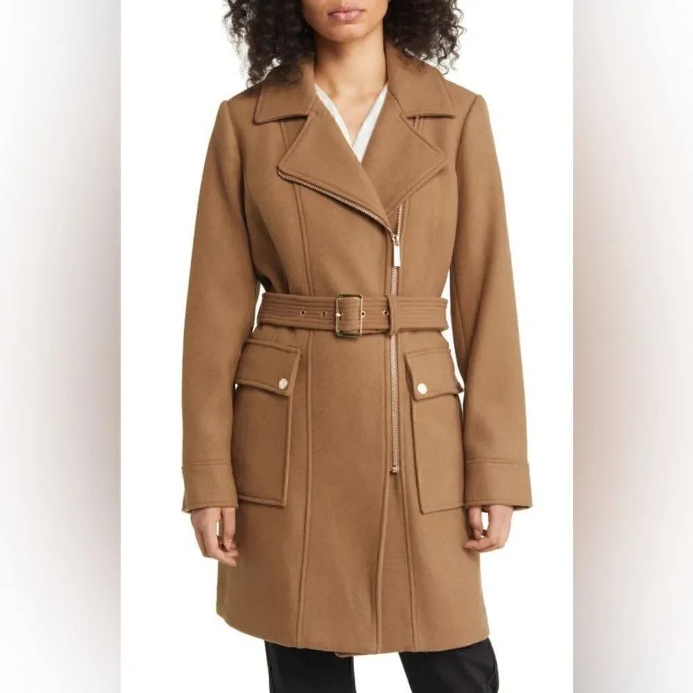Michael Kors Asymmetric Zip Wool Blend Belted Coat in Dark Camel NWT $375